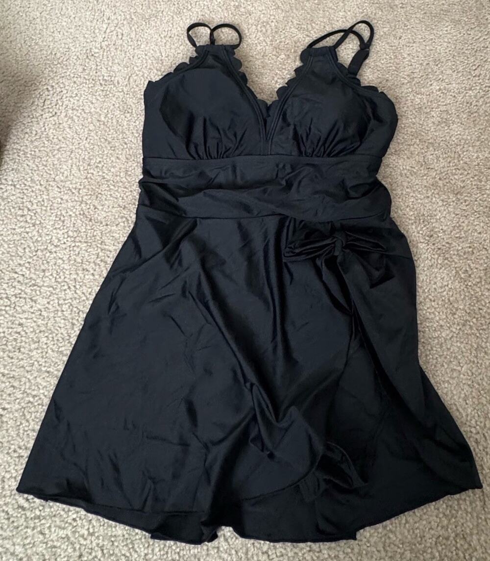 Charmo Women XL Black Scalloped Tie Back One Piece Swim Dress NWT NEW